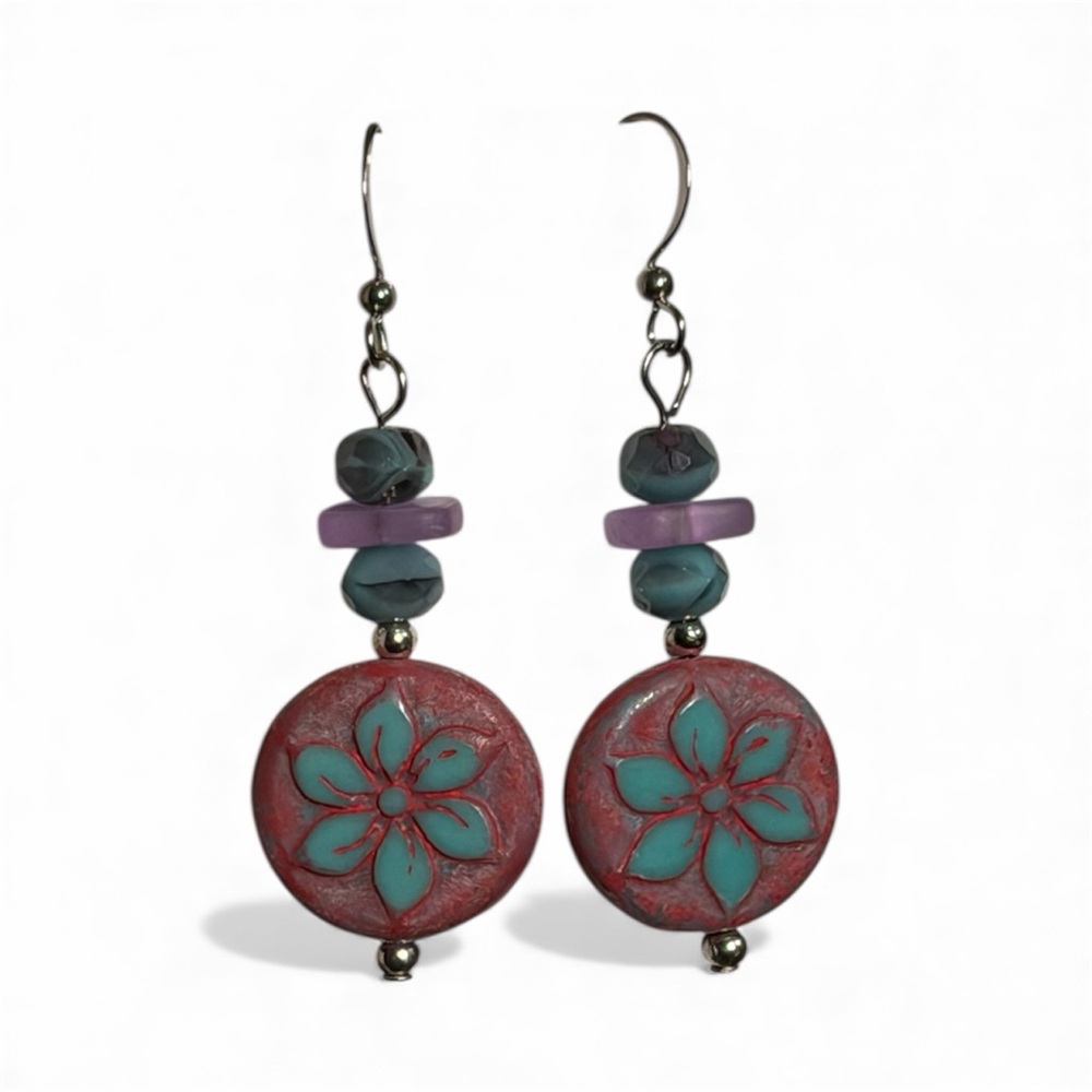 Handcrafted Floral Pink and Turquoise Czech Glass Earrings - Picture 7 of 16
